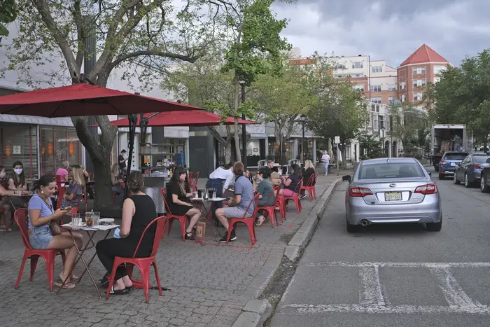 People dining on the sidewalks of Montclair, NJ, on July 1, 2020